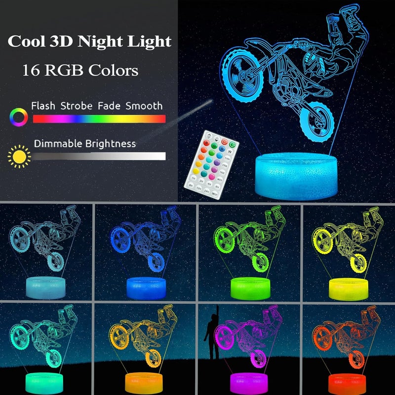 Posshe Dirt Bike Night Light, Dirt Bike Gifts for Boy, 3D Illusion Lamp with Remote Control, 16 Colors Changing, RGB Flashing Mode and Dimmable, Gifts for Boys Christmas Decor - Image 2